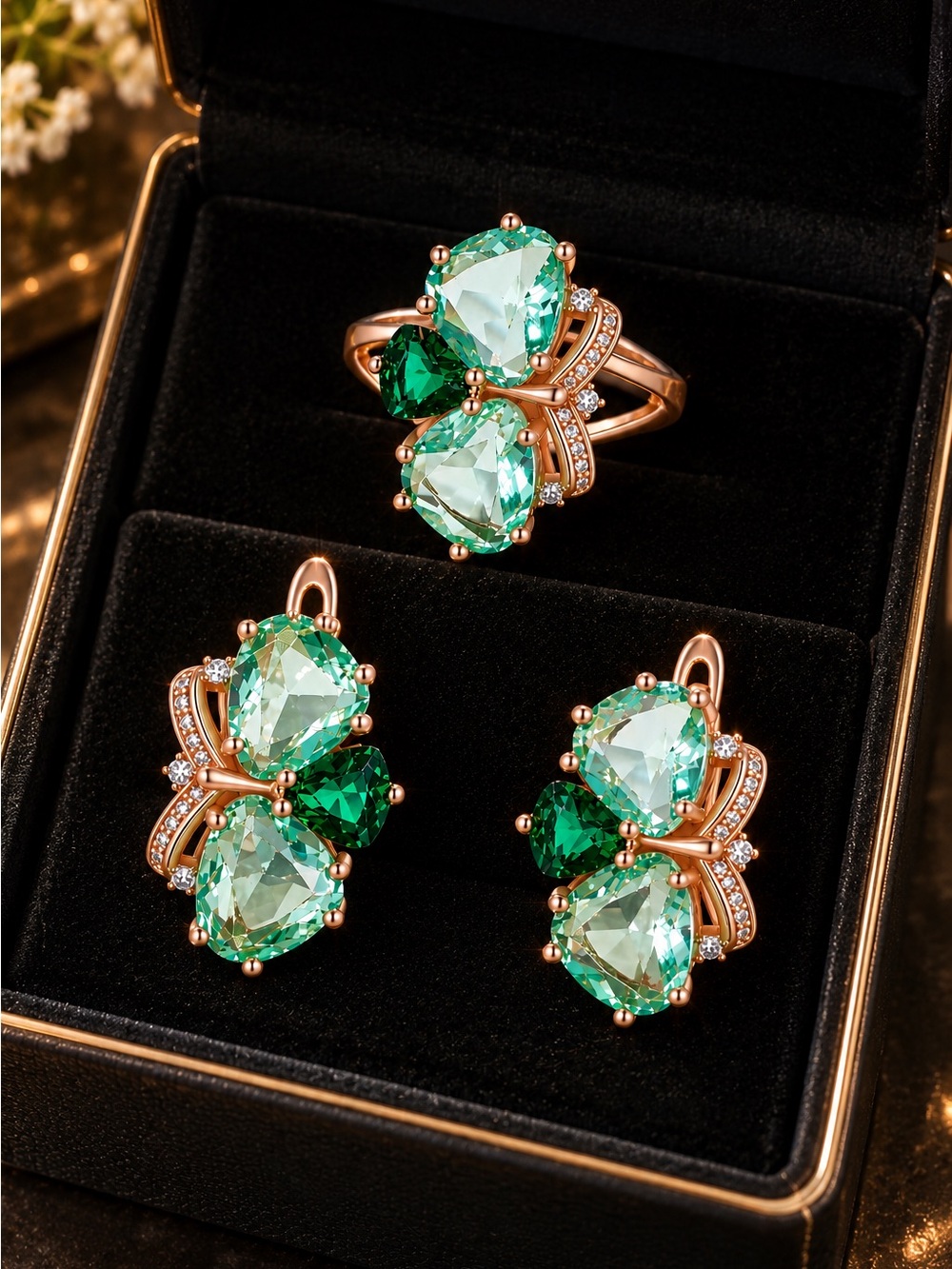 Emerald Teardrop Crystal Ring & Earring Set - Green